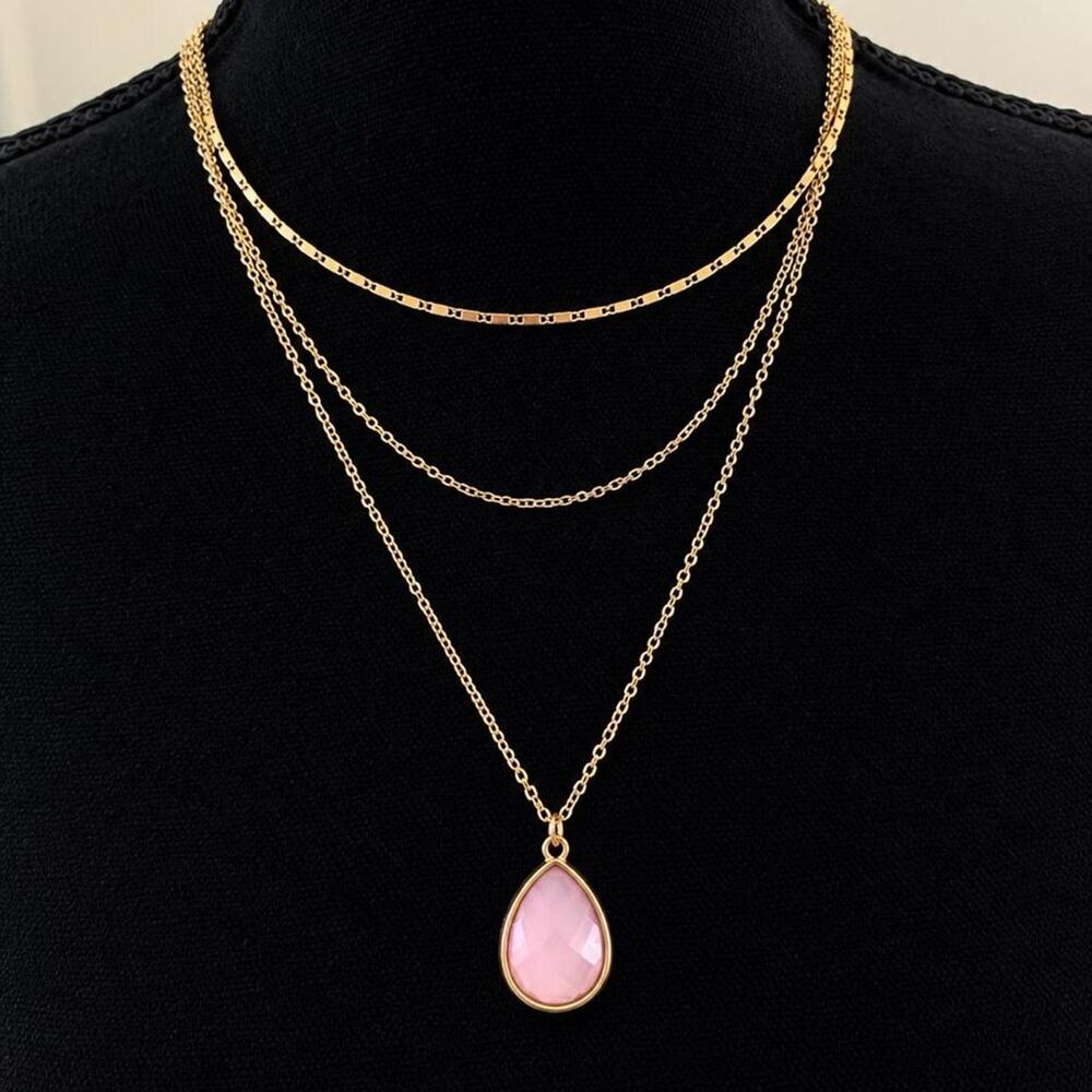 Vintage Gold Tone Triple Layer Necklace Pink Teardrop Pendant Delicate Chain